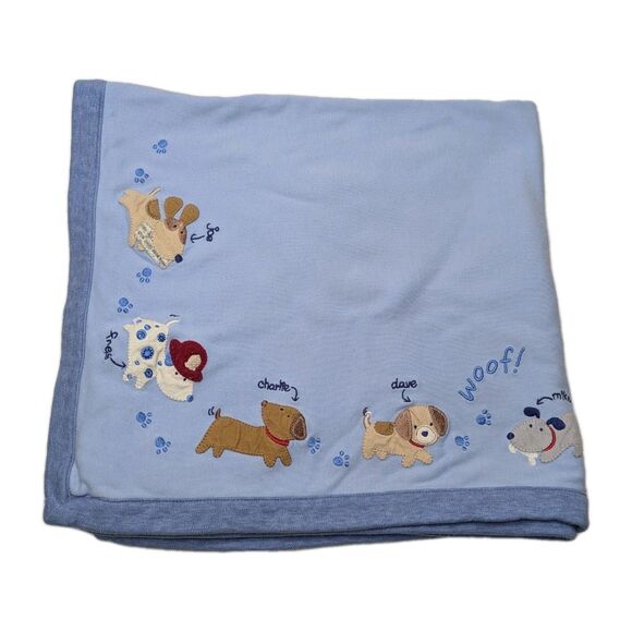 Carter’s Joe Fred Charlie Mike Woof Puppy Dogs Baby Blanket Blue Stripes Vintage - Picture 1 of 13